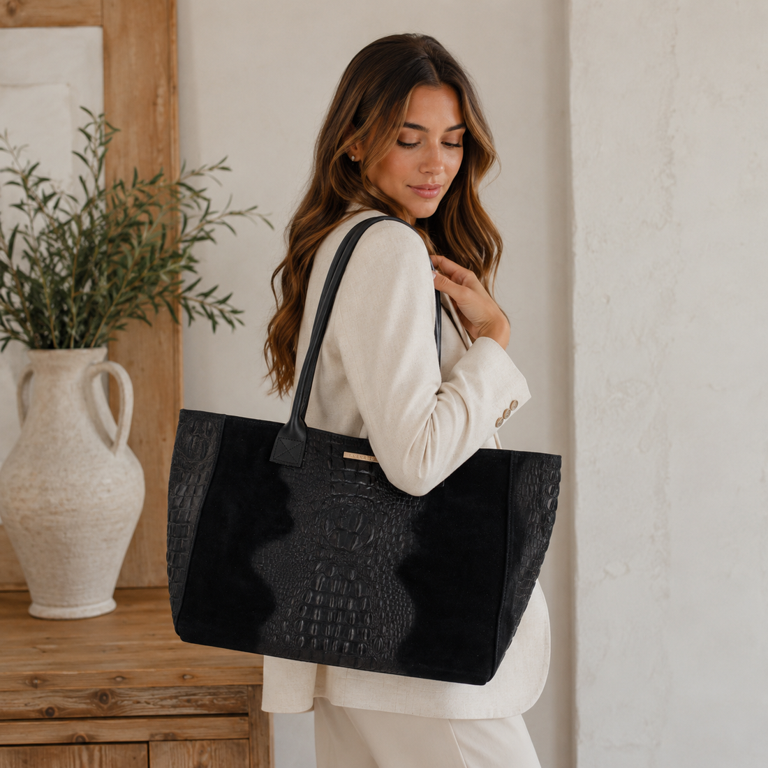 Bolso Shopper de Piel Pregato Velaria Negro