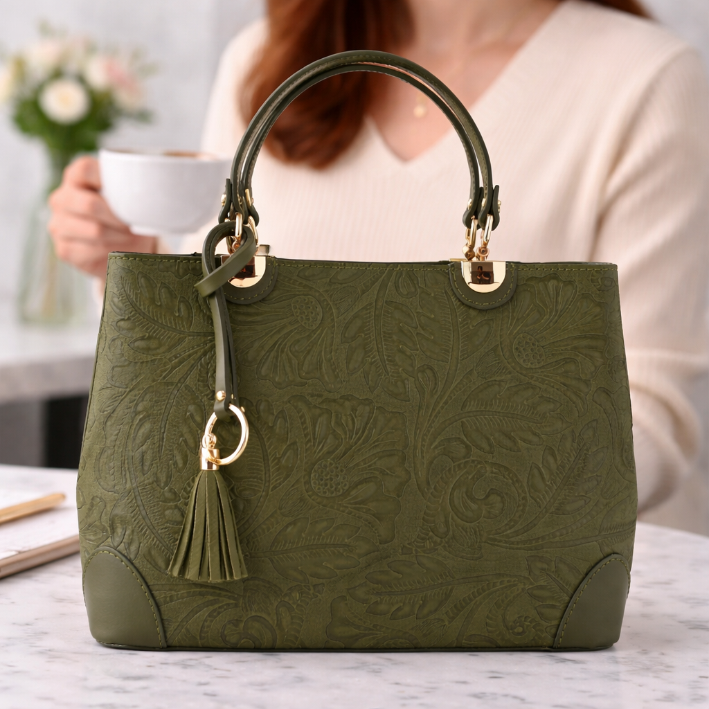 Bolso en piel Pregato Eleganza Grabado Verde oliva