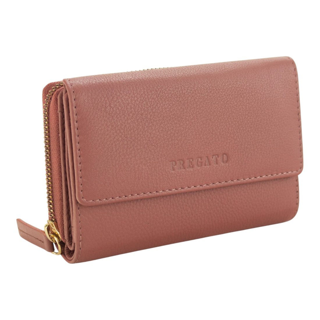 Billetero de Piel Pregato con solapa y cremallera Rosa