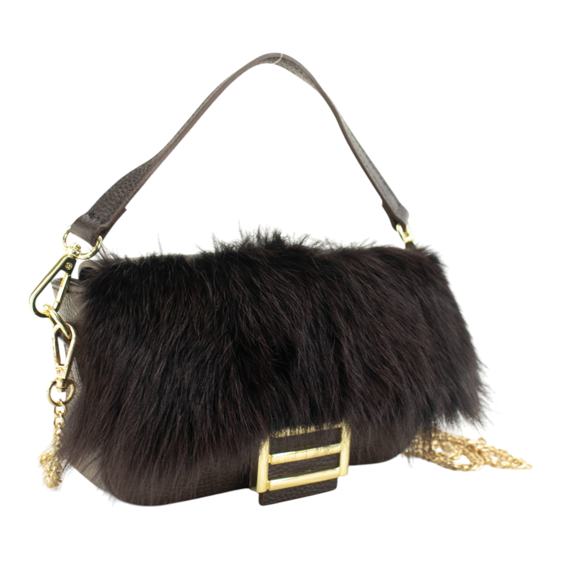 Mini Bolso de Piel y Pelo Natural Pregato Elettra Chocolate