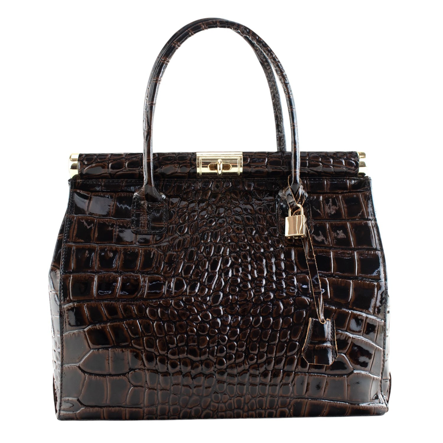 Bolso de mano en Piel Pregato Classic Special Croc Marrón oscuro