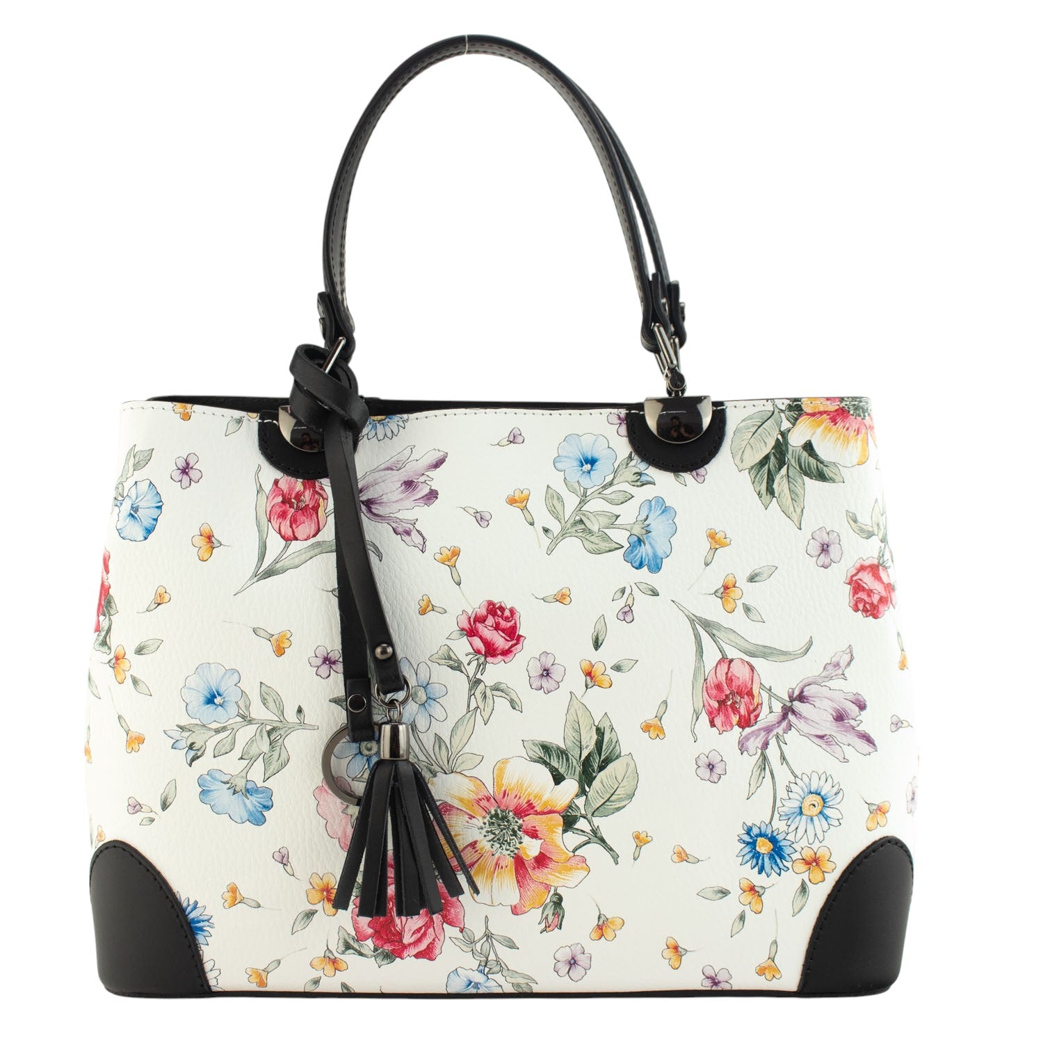 Bolso en piel Pregato Eleganza Negro Flores azules
