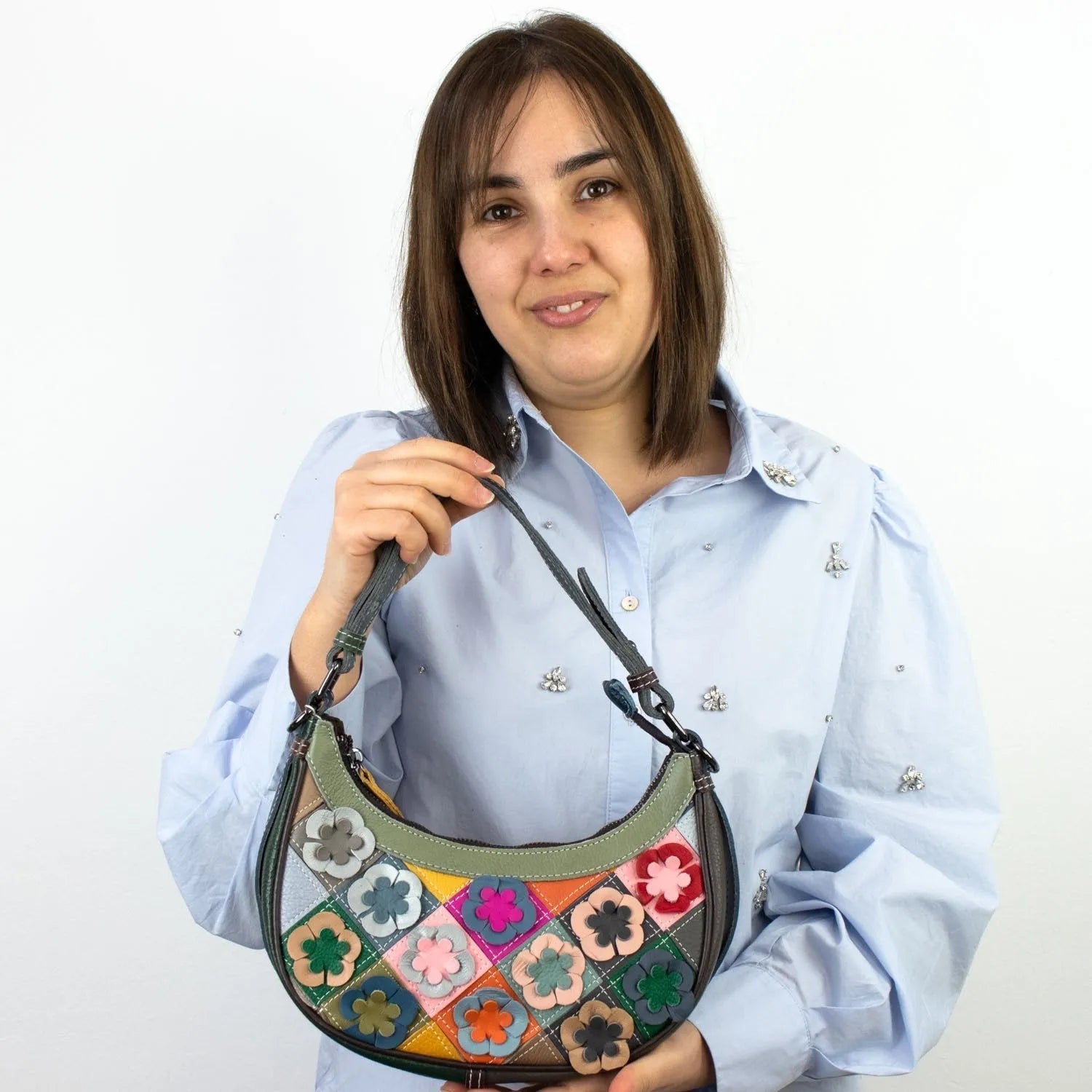 Bandolera media luna de Piel Pregato Mosaic Flowers - KimondoShop