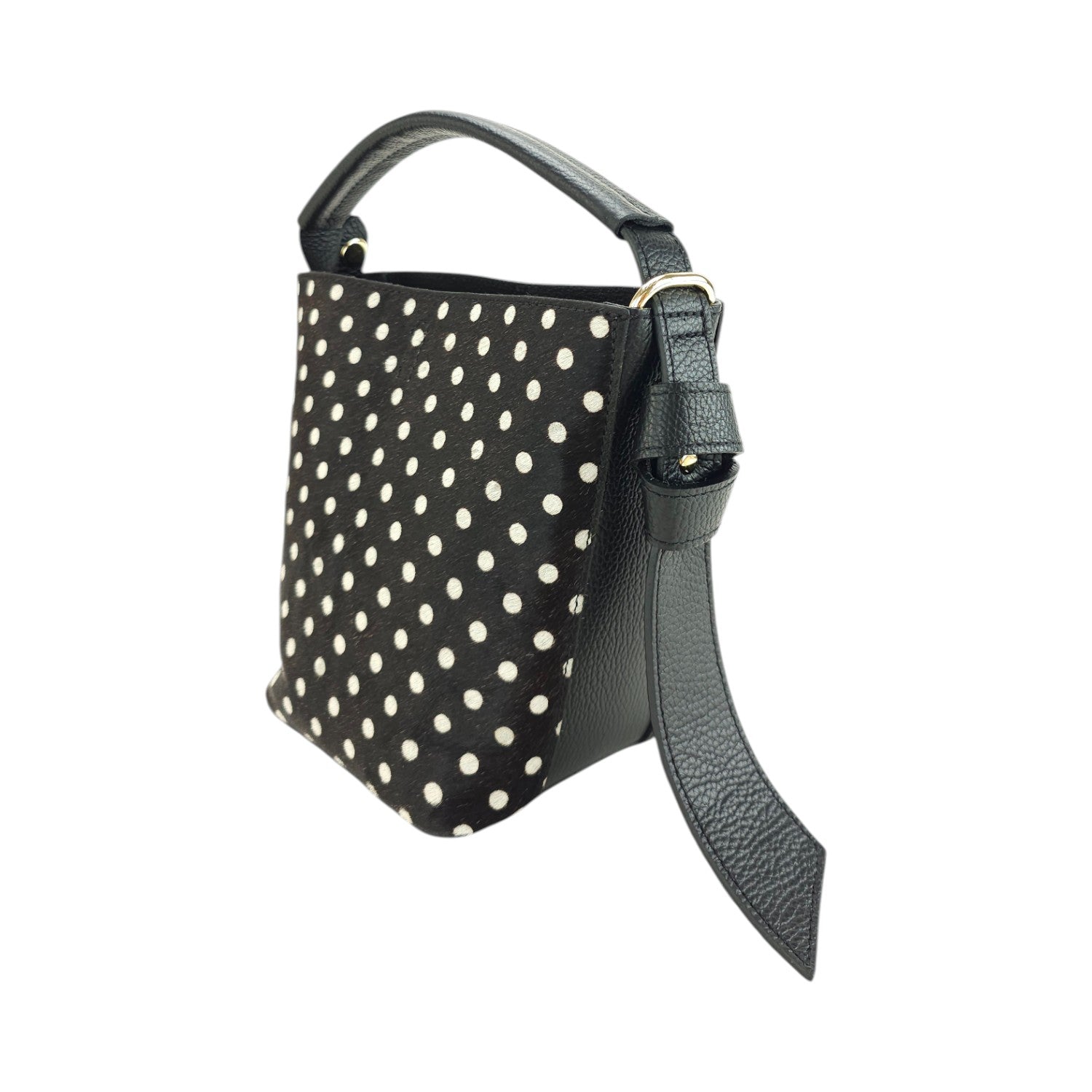 Bolso bucket en Piel Pregato Alessia Premium Topos Negro - KimondoShop