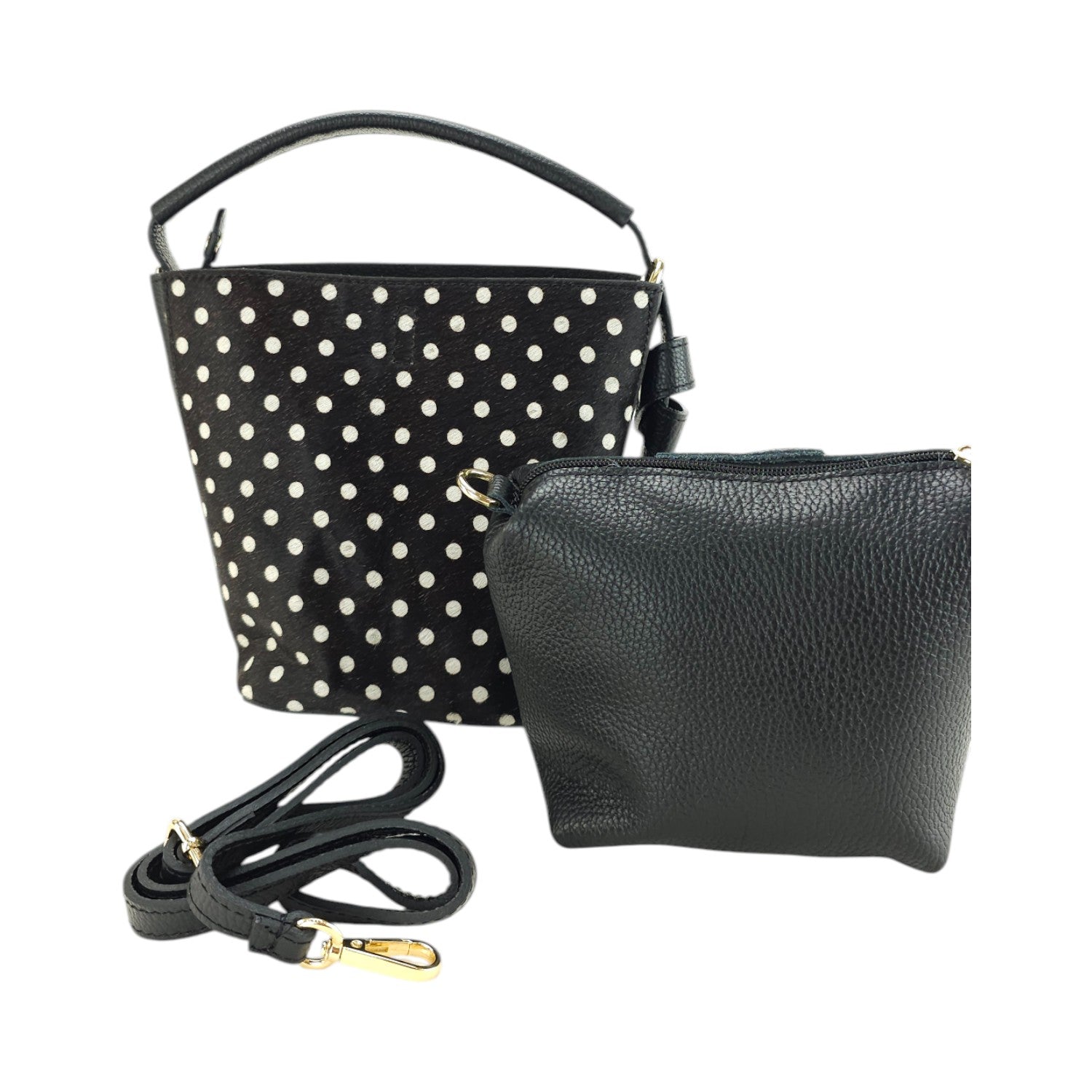 Bolso bucket en Piel Pregato Alessia Premium Topos Negro - KimondoShop