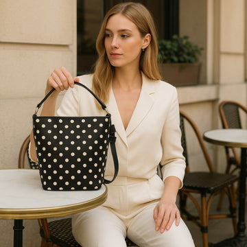 Bolso bucket en Piel Pregato Alessia Premium Topos Negro - KimondoShop