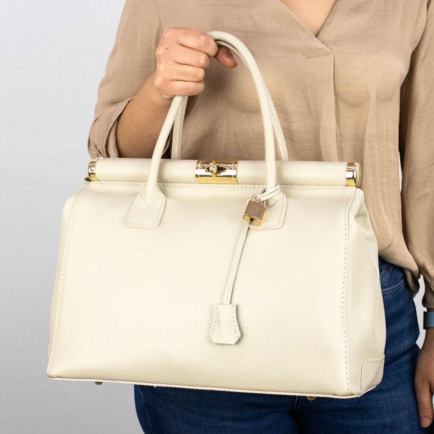 Bolso de mano en Piel Pregato Classic Beige - KimondoShop