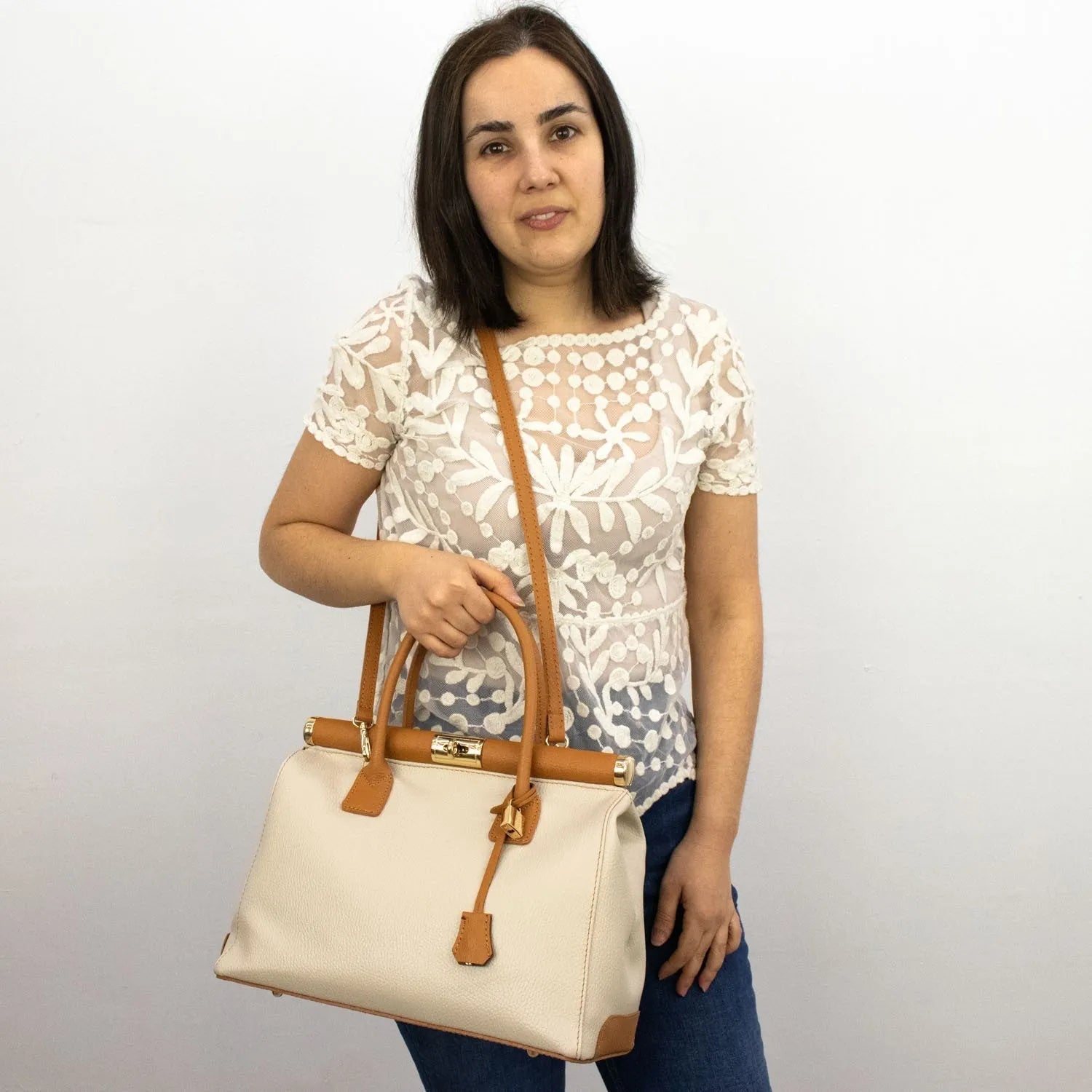 Bolso de mano en Piel Pregato Classic Bicolor Beige - KimondoShop