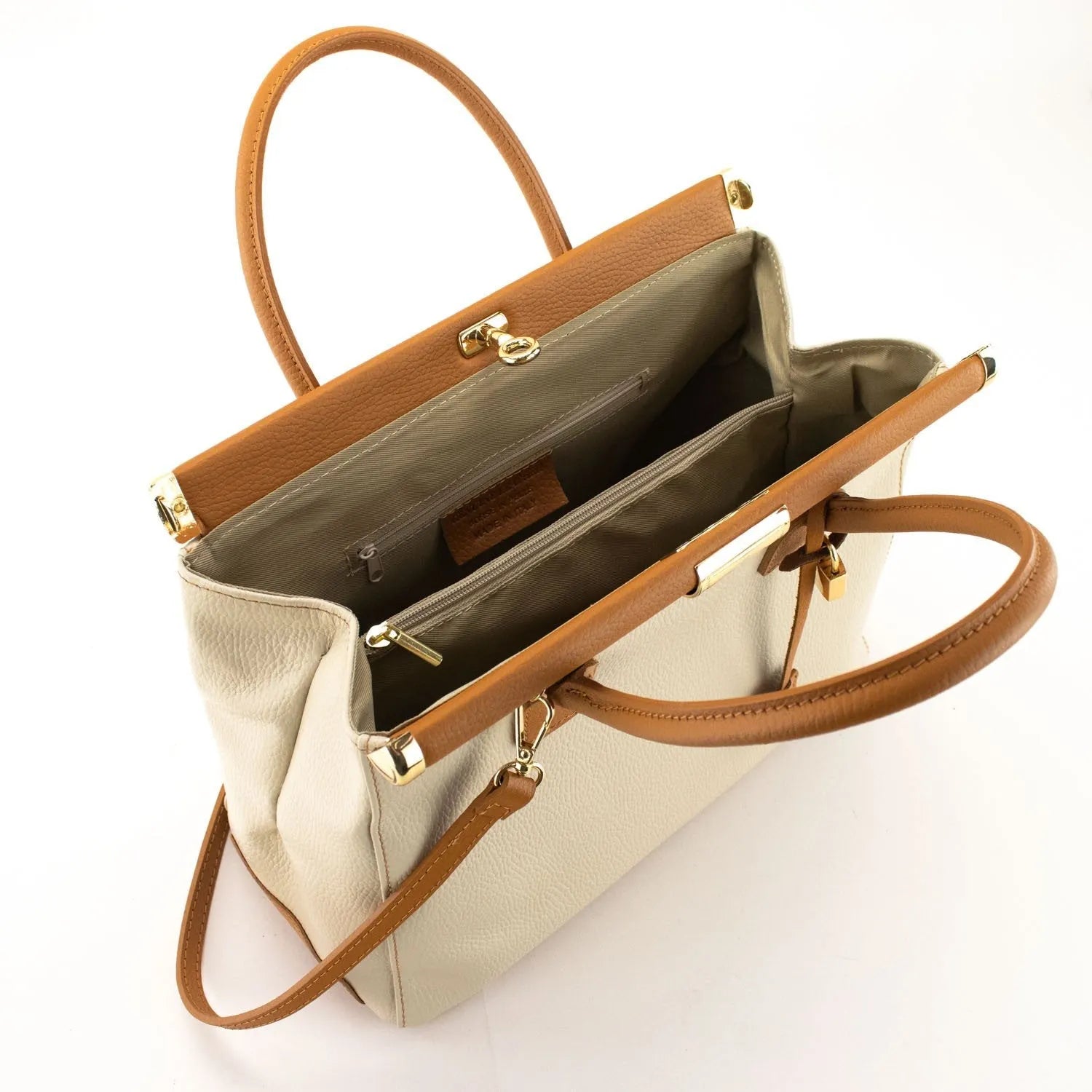 Bolso de mano en Piel Pregato Classic Bicolor Beige - KimondoShop