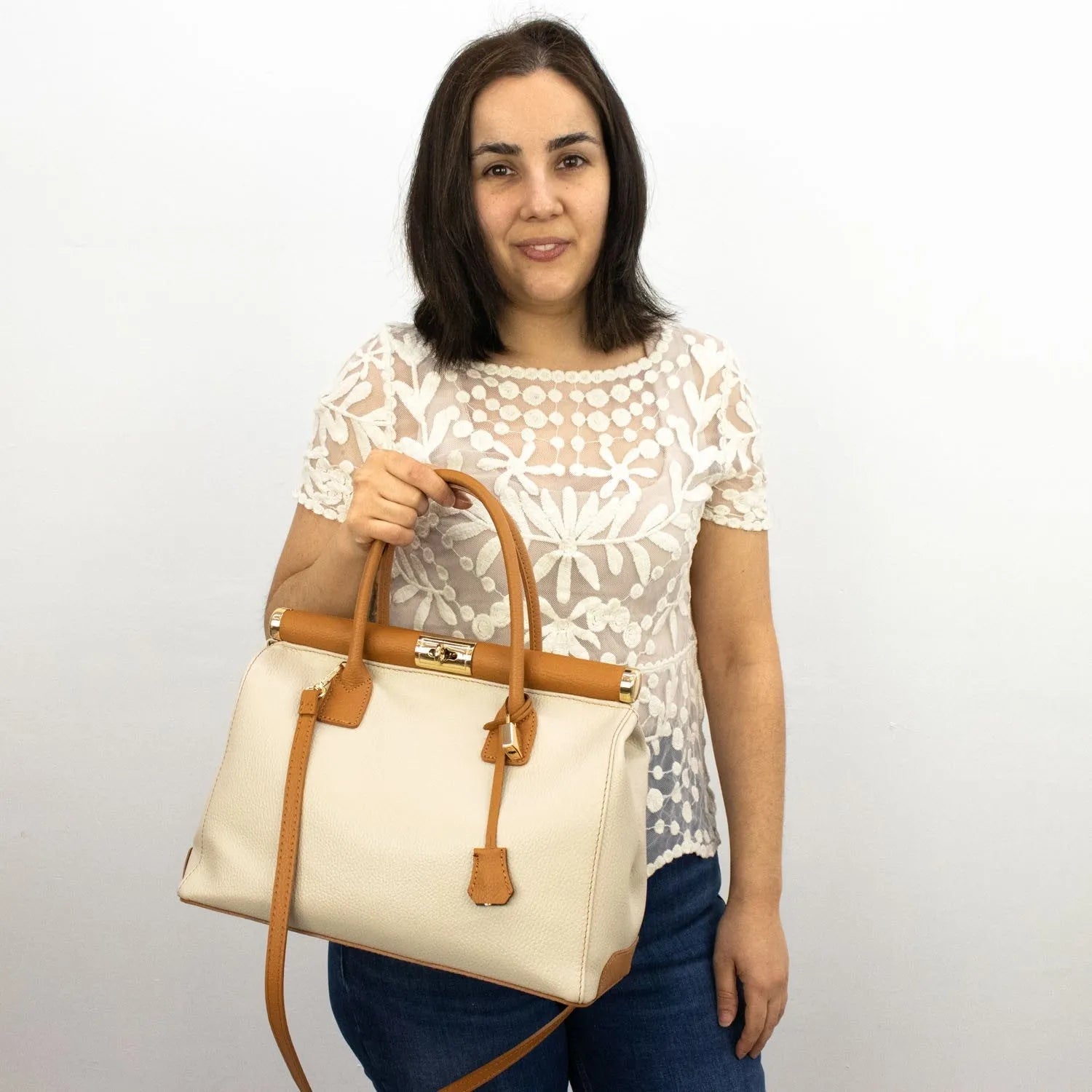 Bolso de mano en Piel Pregato Classic Bicolor Beige - KimondoShop