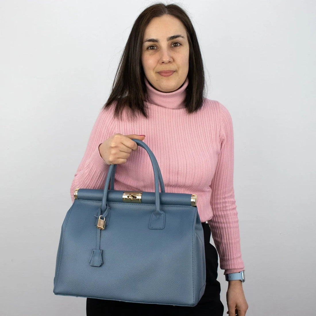 Bolso de mano en Piel Pregato Classic Gris azulado - KimondoShop