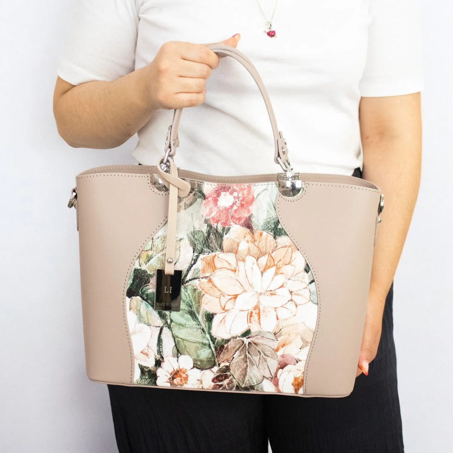 Bolso en piel Pregato Eleganza Li Flores Taupe - KimondoShop