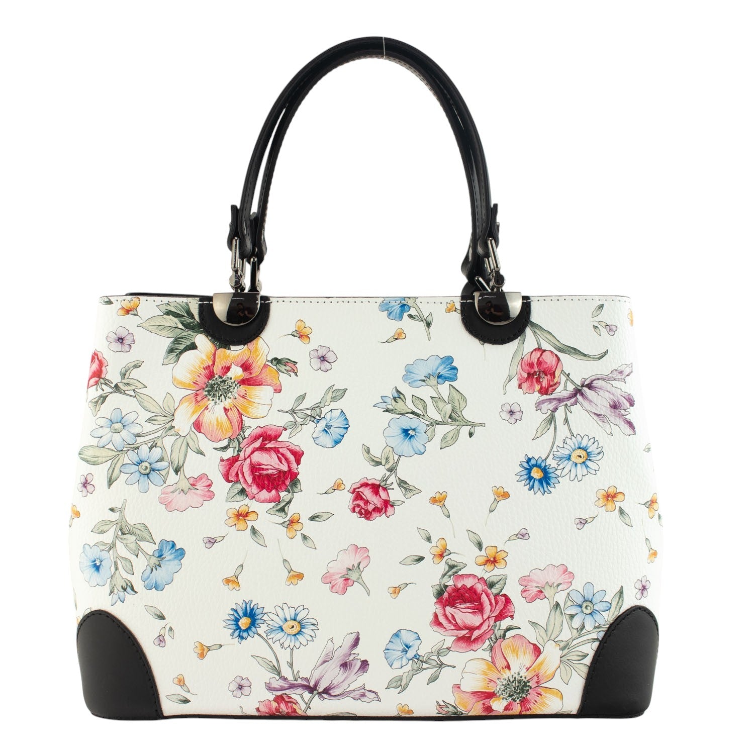 Bolso en piel Pregato Eleganza Negro Flores azules - KimondoShop