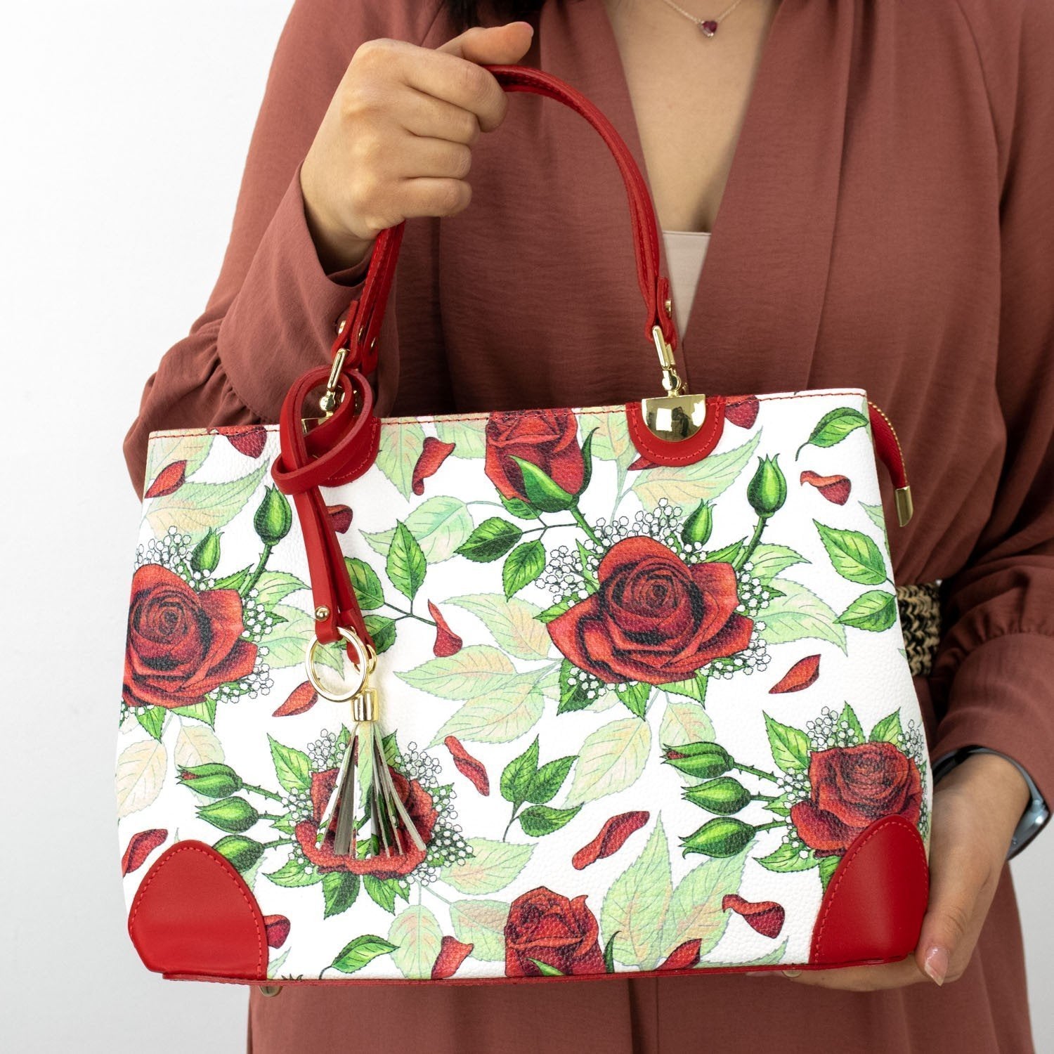 Bolso en piel Pregato Eleganza Rosas verde - KimondoShop