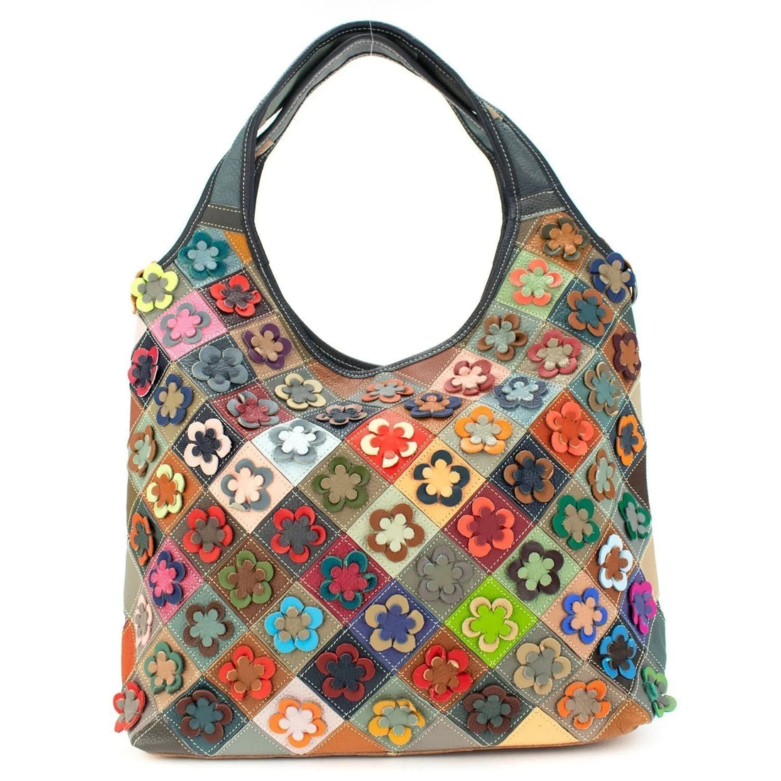 Bolso hobo con bandolera de Piel Pregato Mosaic Flowers - KimondoShop