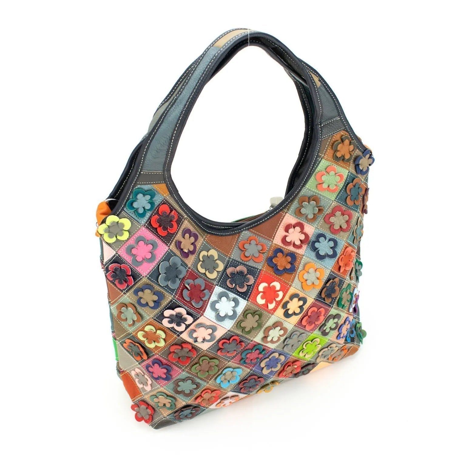 Bolso hobo con bandolera de Piel Pregato Mosaic Flowers - KimondoShop