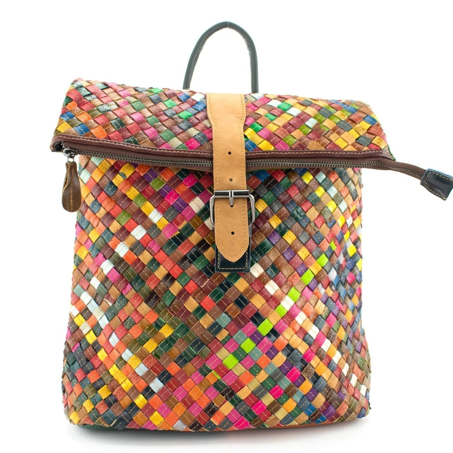 Mochila cuadrada con solapa de Piel Pregato Mosaic - KimondoShop