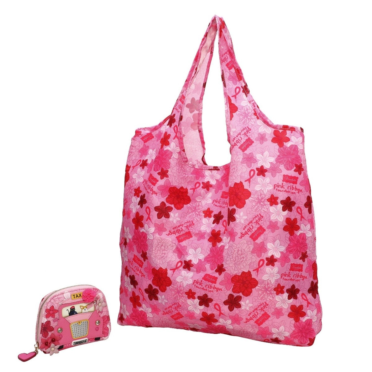 Monedero y bolsa plegable Vendula London Cats & Corgis Floral - Pink Ribbon Foundation - KimondoShop